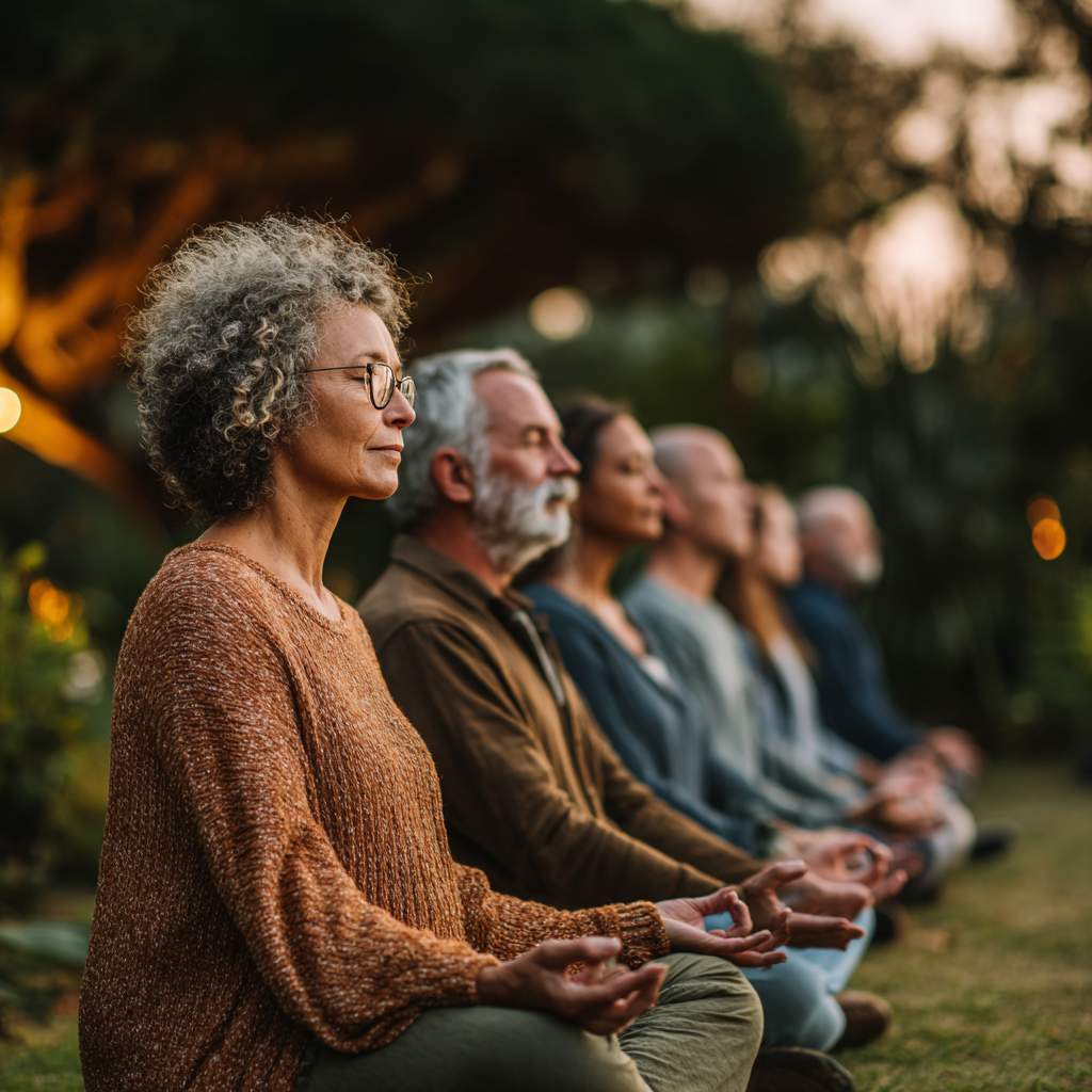 Group of people aged 40-55 sitting in meditation pose outdoors in a serene garden setting with natural lighting